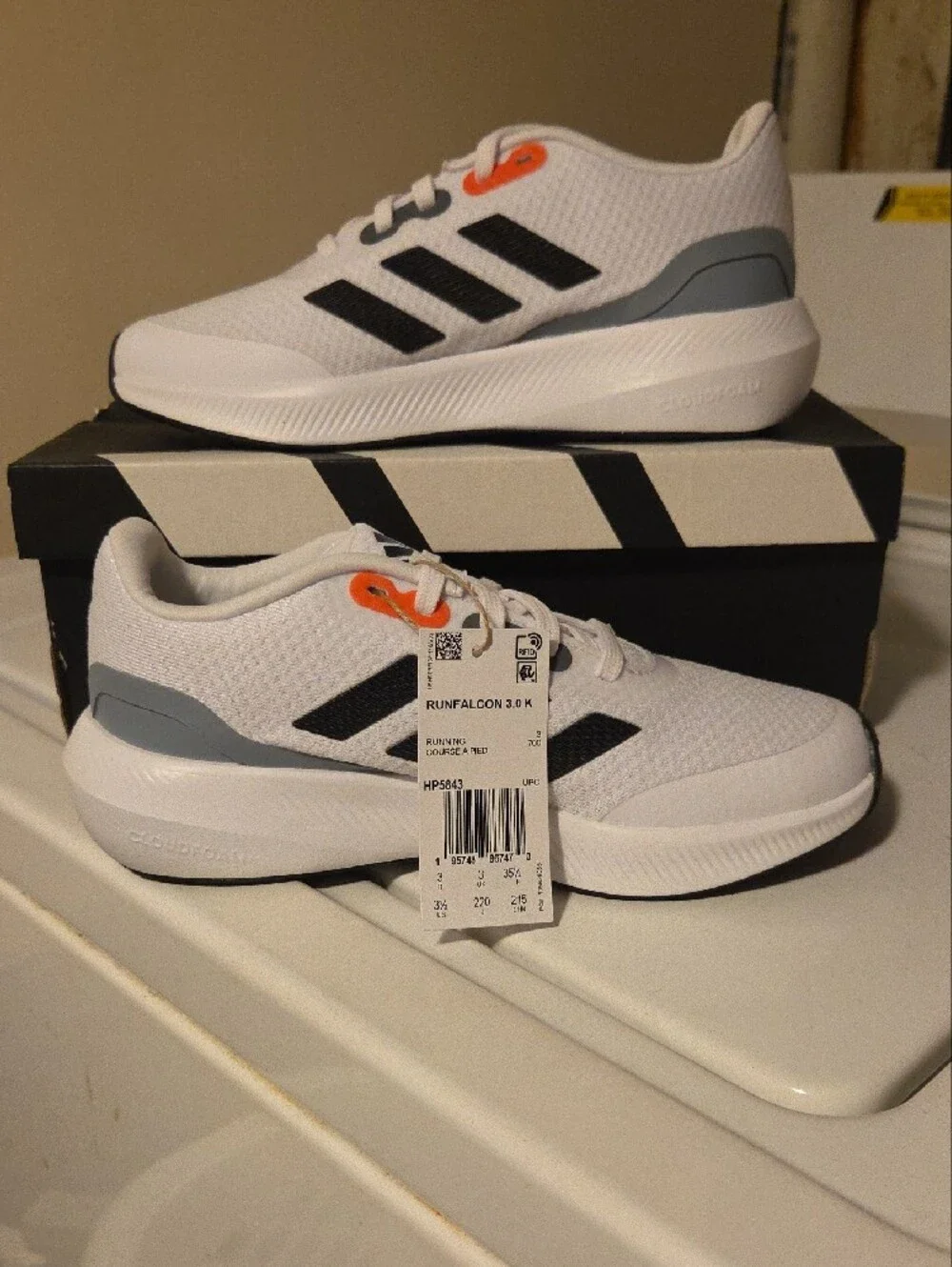adidas Youth Runfalcon 3.0 K White Sneakers with Black Stripes and Orange Accent